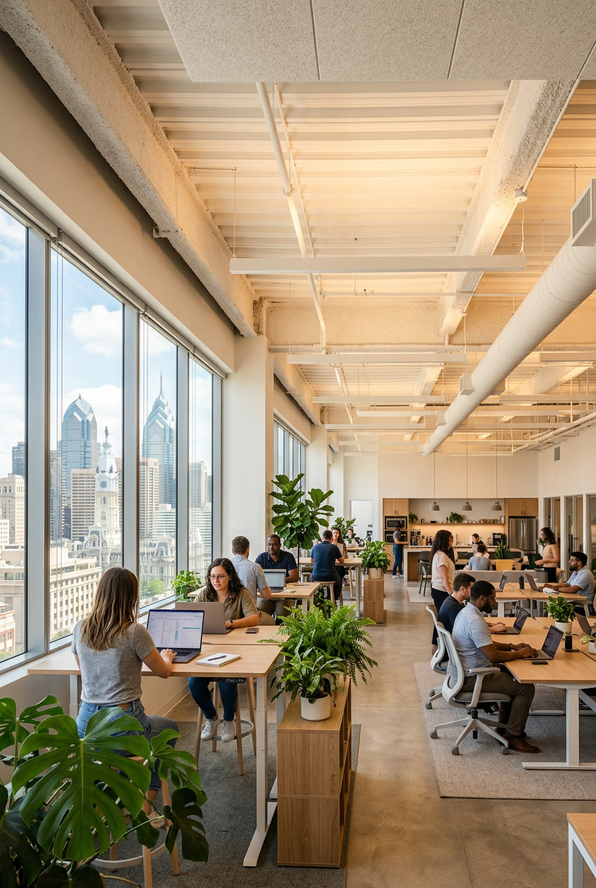 Philadelphia open-plan office with 3M Daylight Redirecting Film spreading natural light deep into the workspace