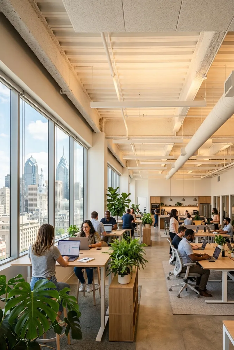 Philadelphia open-plan office with 3M Daylight Redirecting Film spreading natural light deep into the workspace