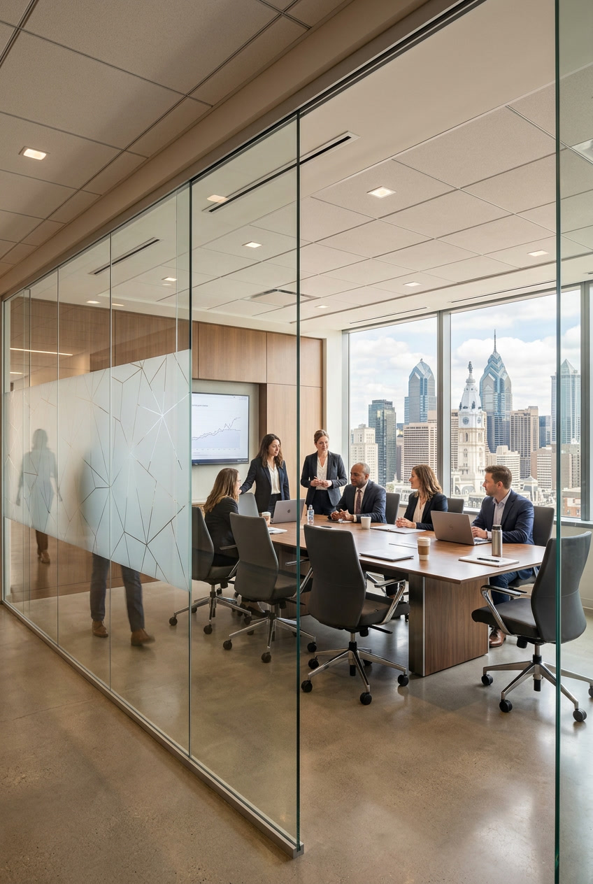 Modern Philadelphia conference room with 3M Fasara frosted decorative window film on glass partition walls