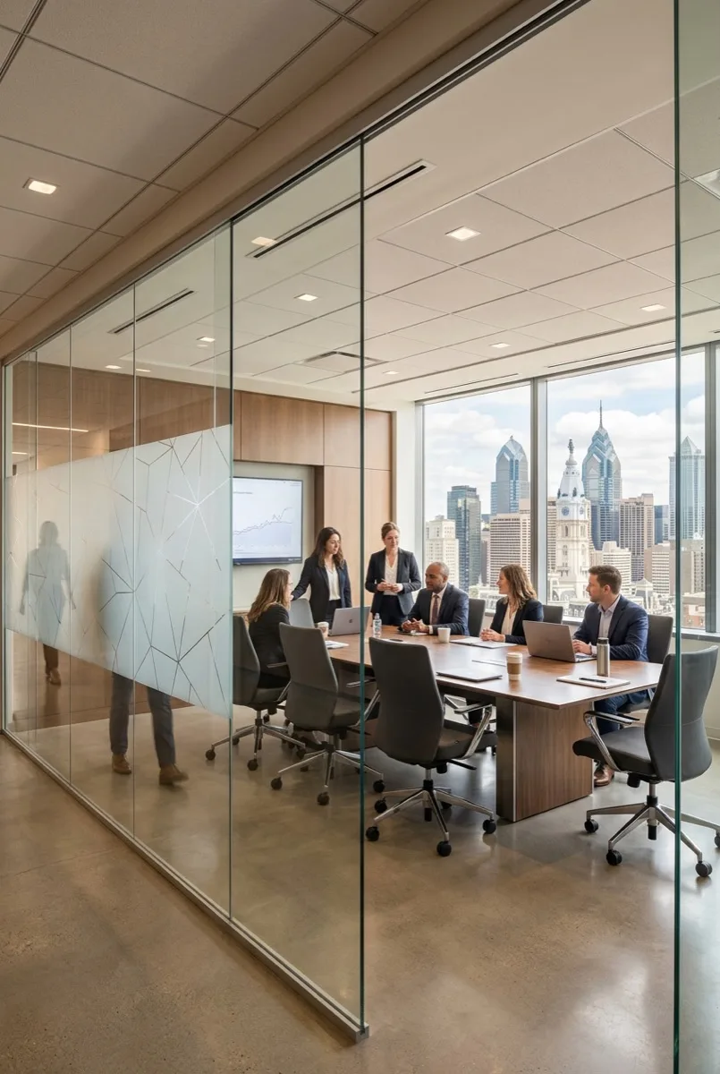Modern Philadelphia conference room with 3M Fasara frosted decorative window film on glass partition walls