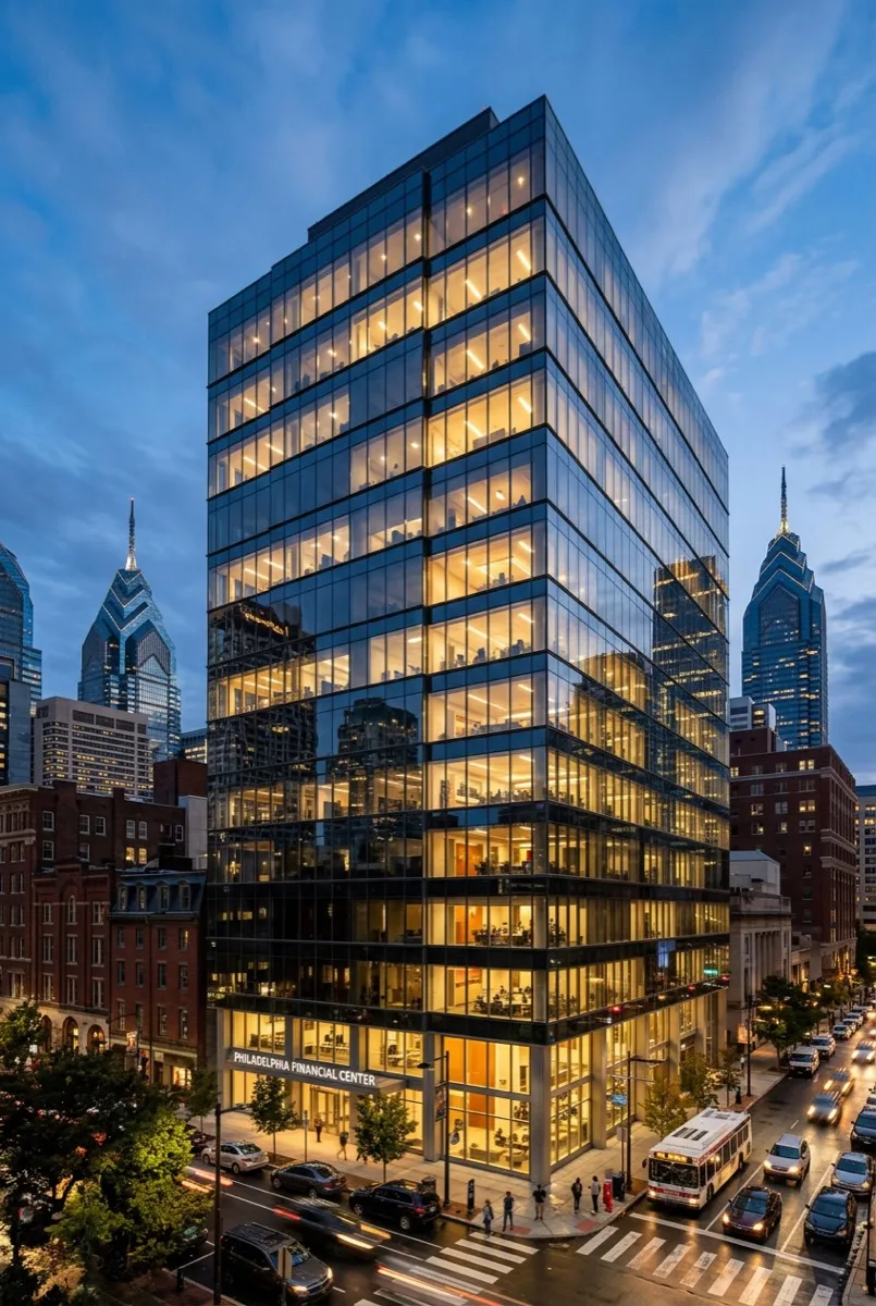 Philadelphia office building exterior at dusk with 3M Night Vision reflective privacy window film on glass facade