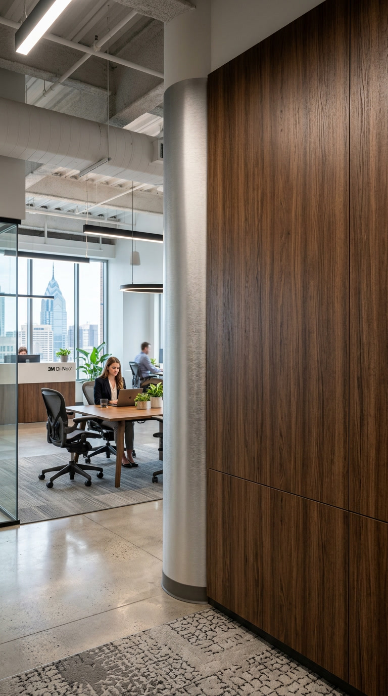 3M DI-NOC architectural surface film on Philadelphia office wall with wood grain finish — surface renovation without demolition