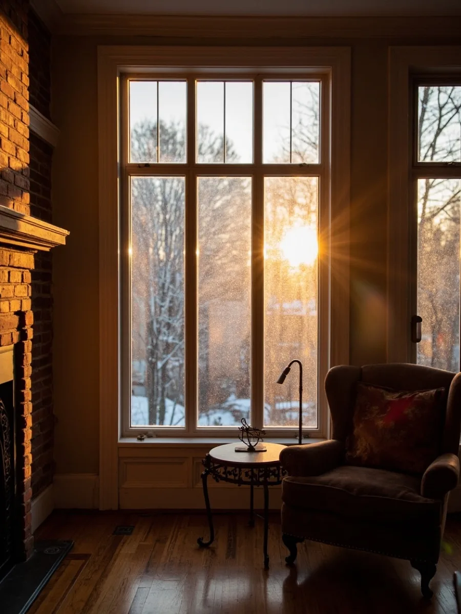 Cozy Philadelphia rowhome living room with brick fireplace and 3M Thinsulate climate control window film on single-pane windows in winter