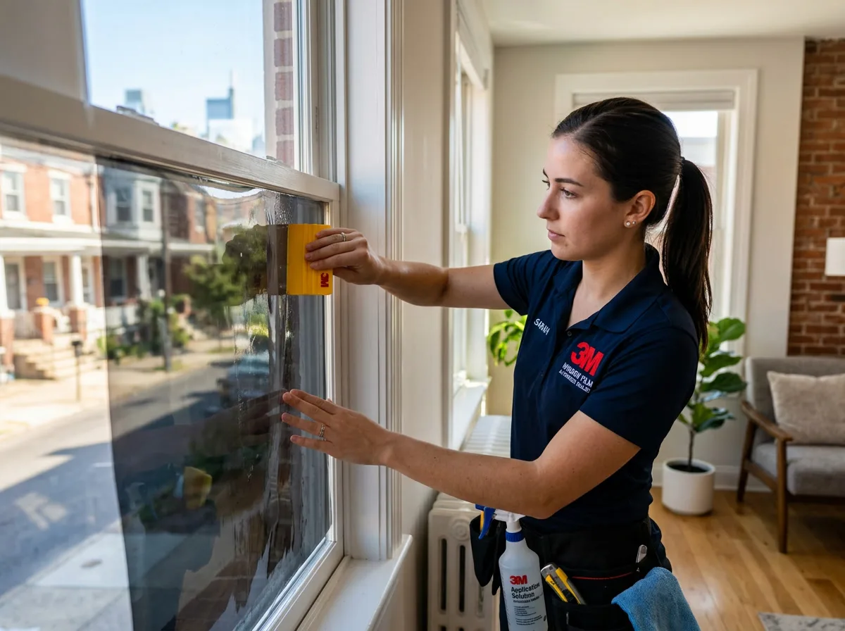 3M certified installer applying window film to a Philadelphia row home window