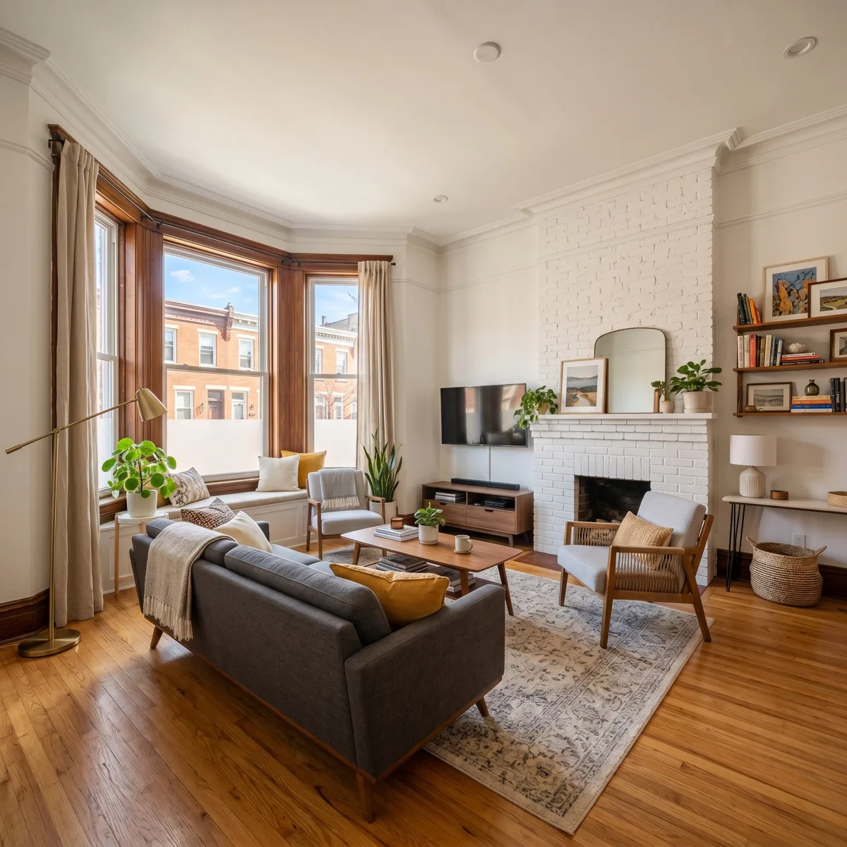 Bright Philadelphia rowhouse living room with 3M window film on bay windows