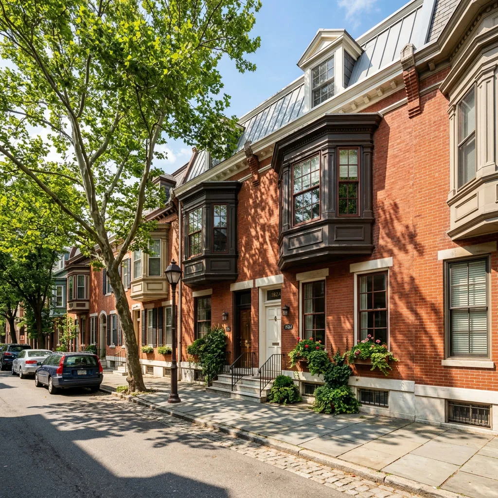 Philadelphia red brick rowhome with large bay windows on a bright sunny summer day - the city's heat and single-pane glass make the right window film critical