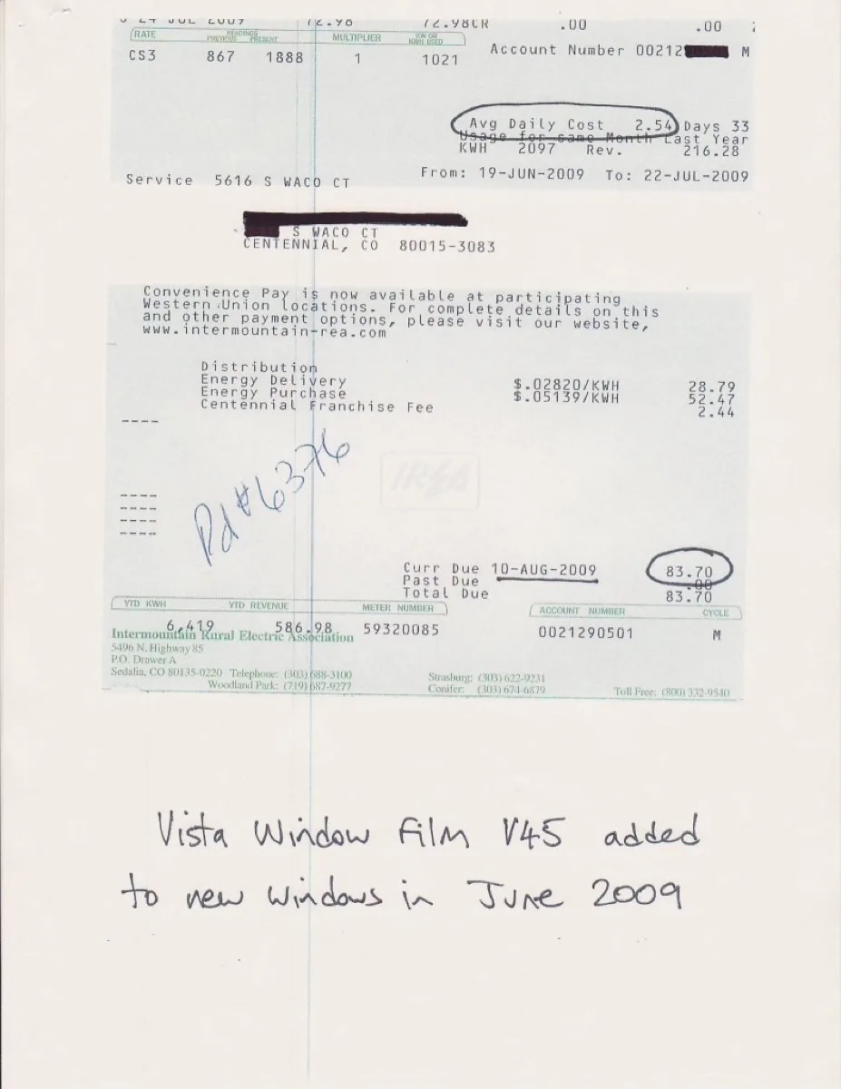 Utility bill from Intermountain Rural Electric Association, June 2009 — $83.70 total, $2.54 average daily cost, after Vista Window Film V45 added to new windows
