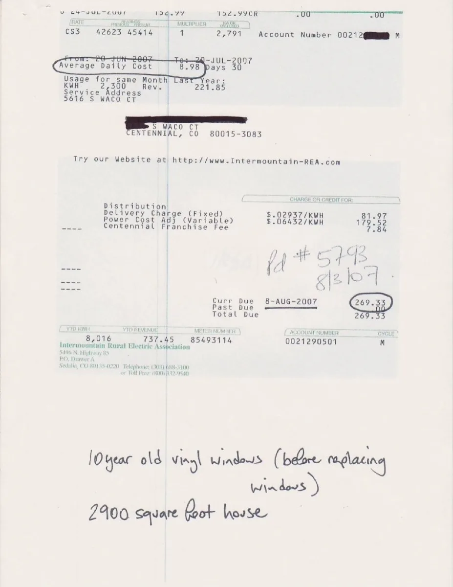 Utility bill from Intermountain Rural Electric Association, June 2007 — $269.33 total, $8.98 average daily cost, 10-year-old vinyl windows before window film