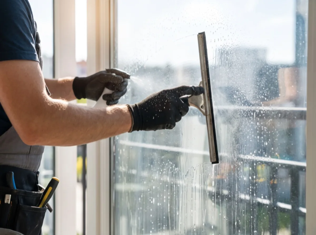 Professional window film installer squeegeeing film on glass in Philadelphia