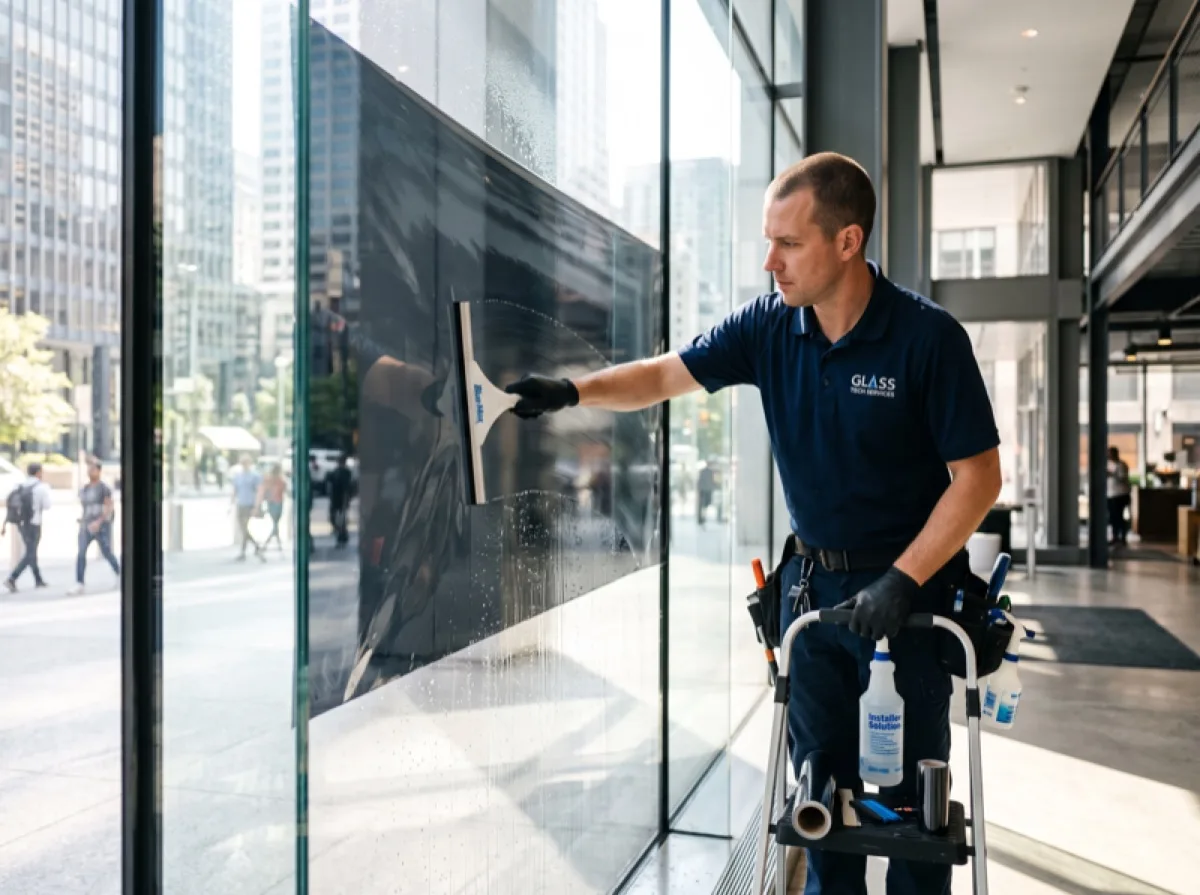 Professional installer applying window film to a large commercial window in Philadelphia