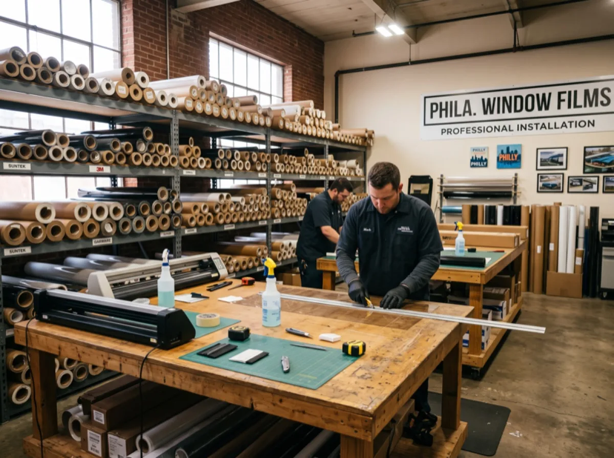 Philadelphia window film workshop with rolls of film material and installation tools