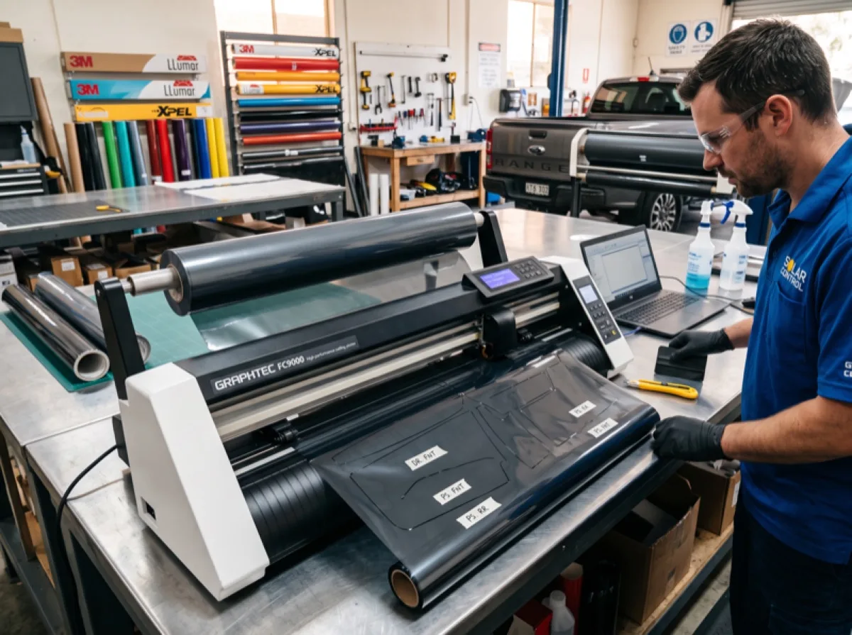 Computer-controlled plotter cutting window film to exact pane dimensions