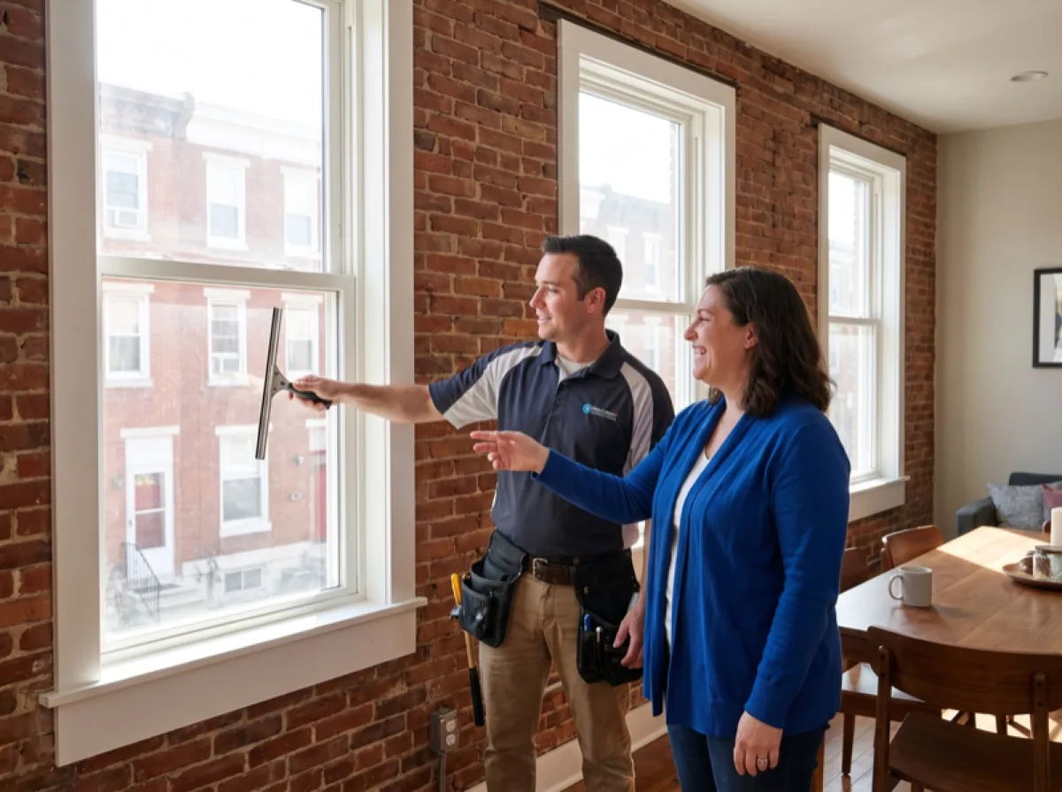 Installer and homeowner reviewing completed window film installation in Philadelphia