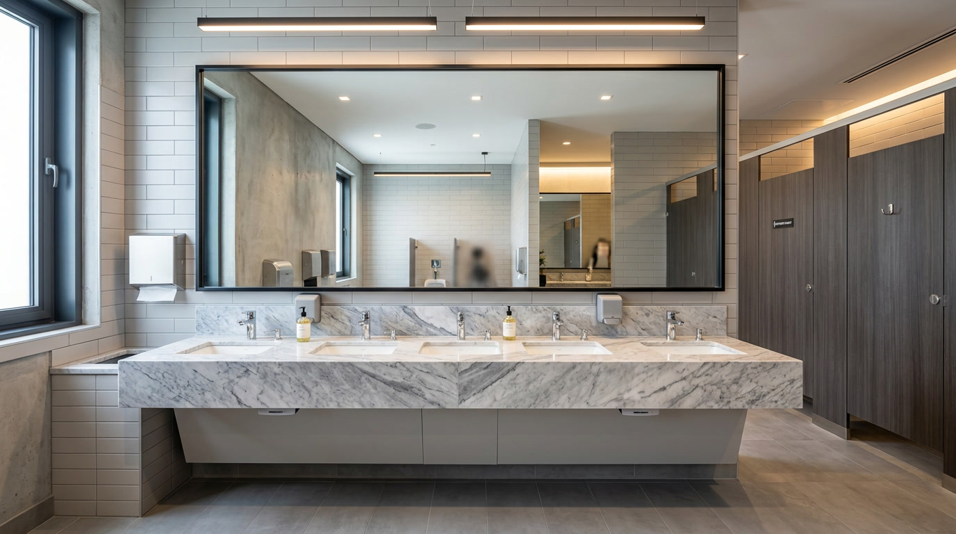Commercial restroom mirror protected with Mirror Shield anti-graffiti film