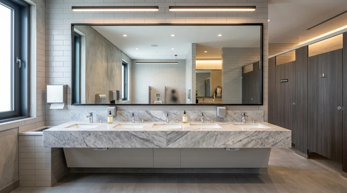 Commercial restroom mirror protected with Mirror Shield anti-graffiti film