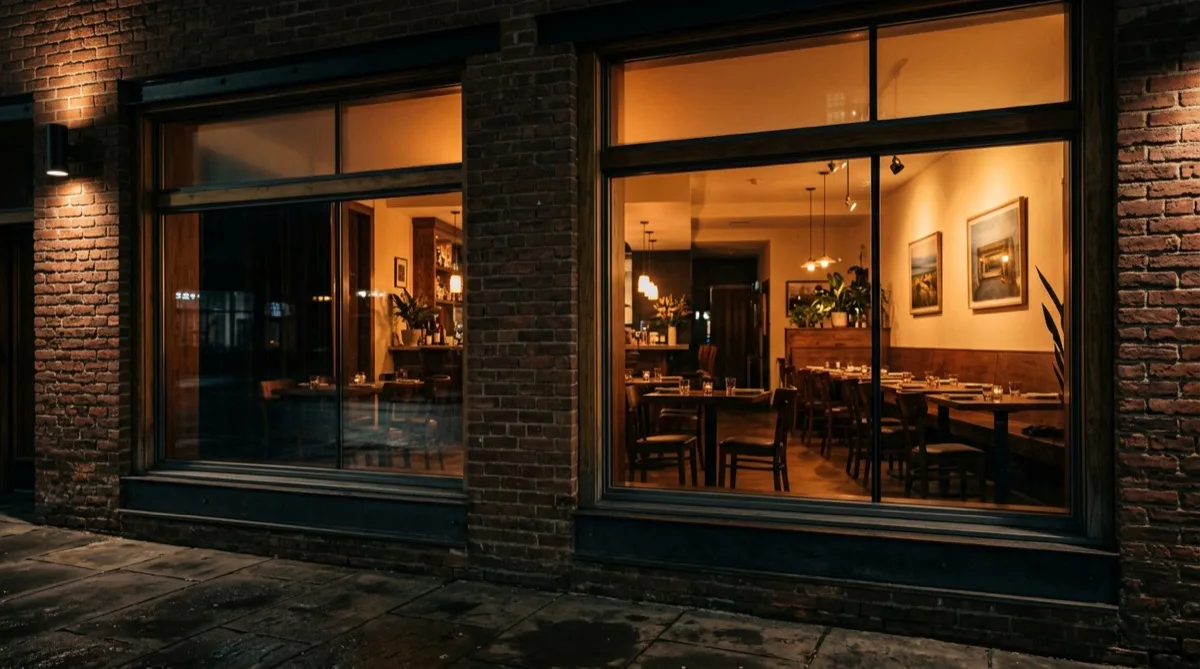 Restaurant storefront windows protected with anti-graffiti film, warm evening light