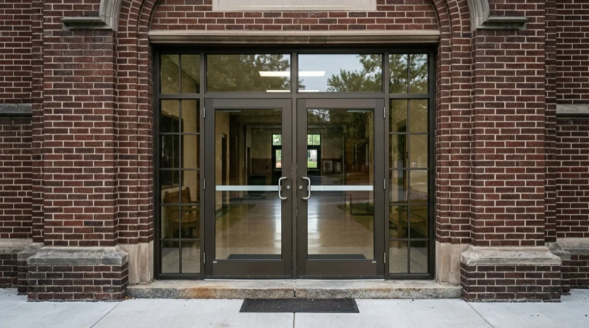 School entrance glass doors and windows protected with anti-graffiti window film