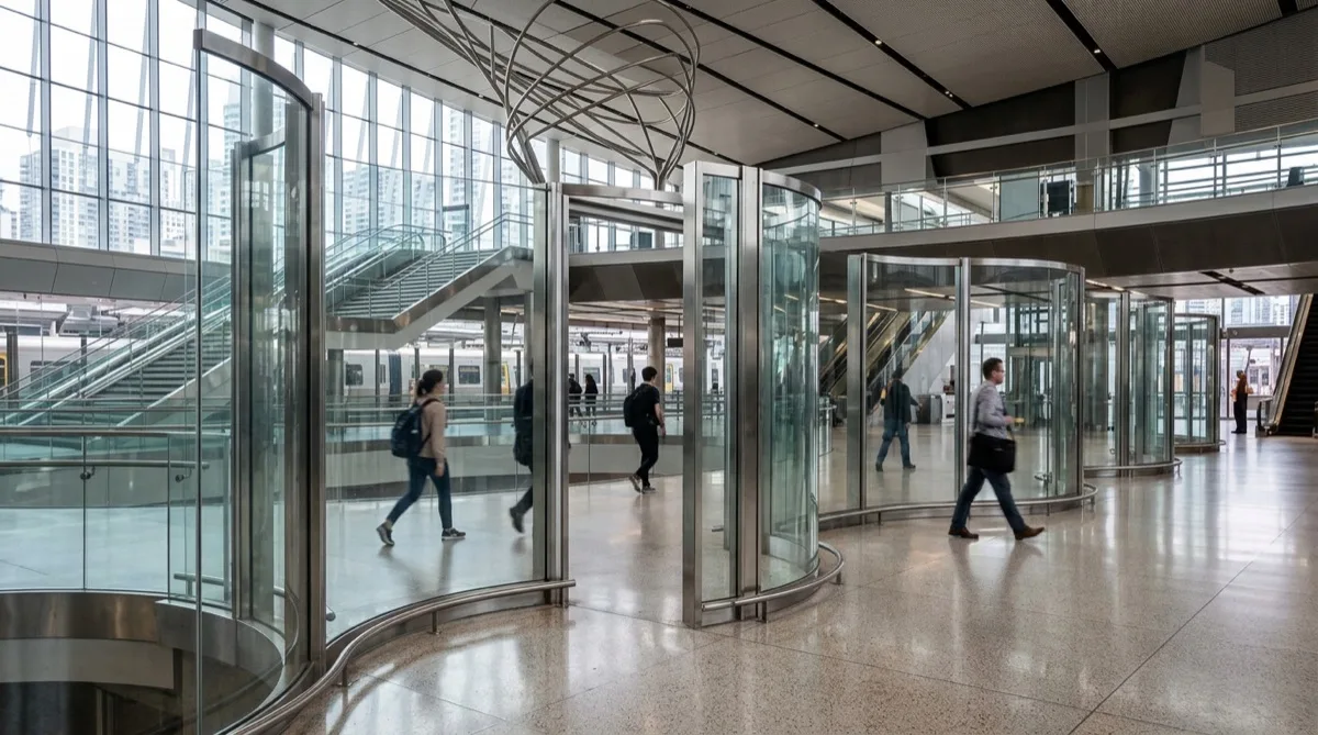 Transit station glass panels protected with anti-graffiti film