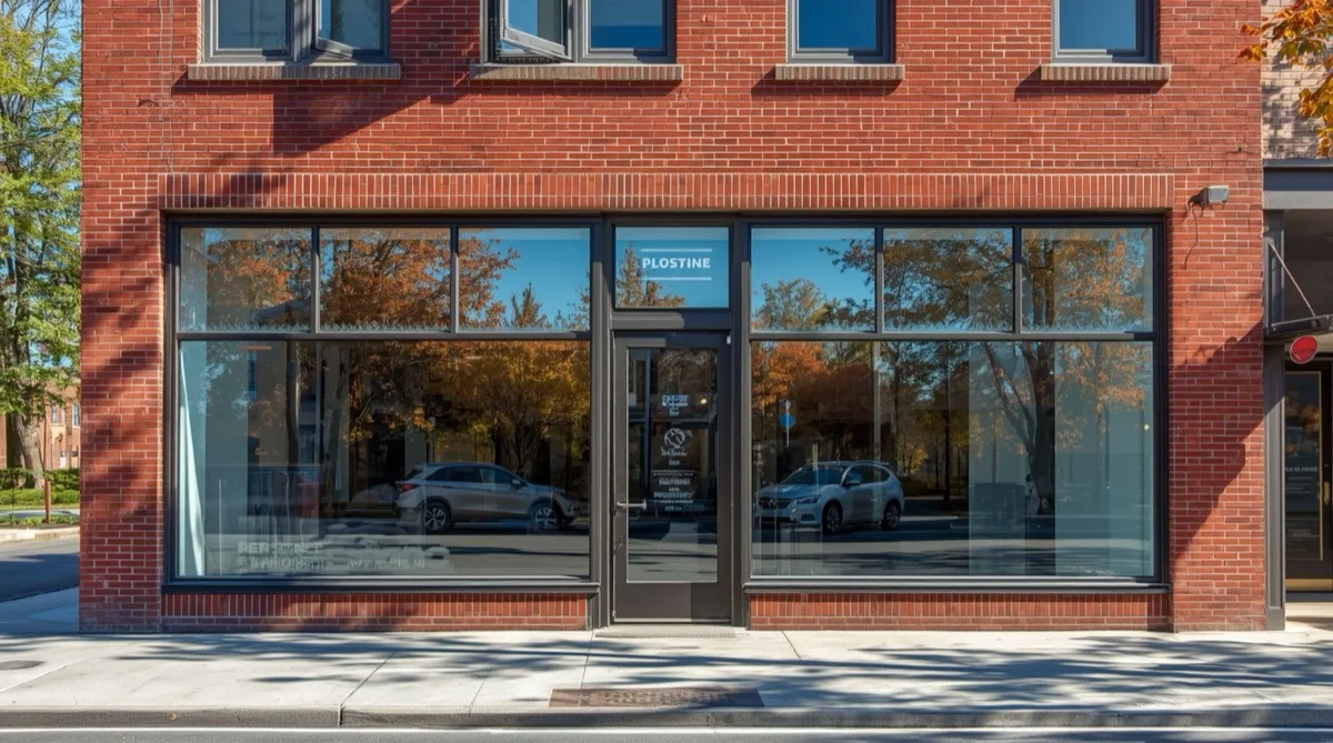 Clean pristine commercial storefront after anti-graffiti window film installation