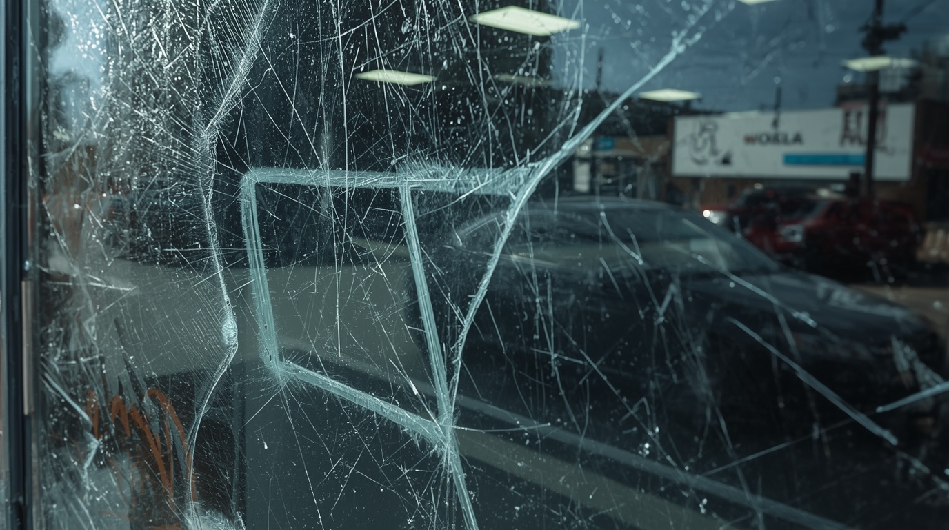 Heavily scratched and damaged commercial storefront glass — before anti-graffiti film