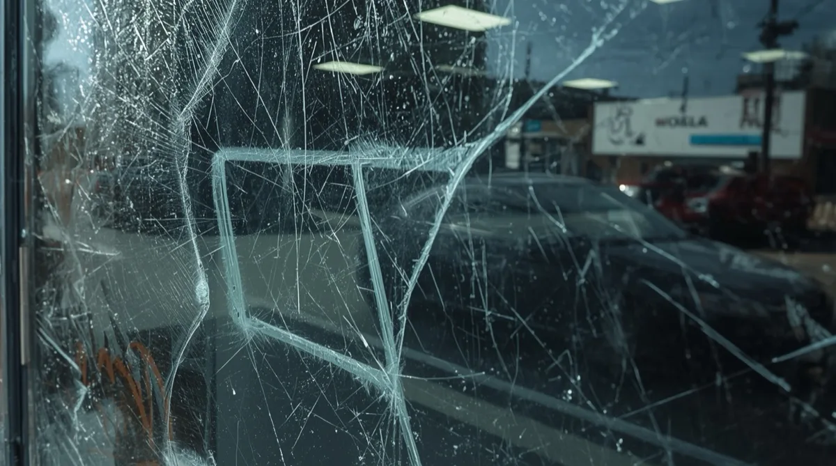 Heavily scratched and damaged commercial storefront glass — before anti-graffiti film