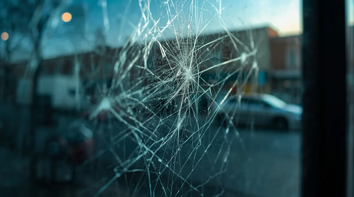 Cracked and damaged commercial storefront glass — the true cost of leaving glass unprotected