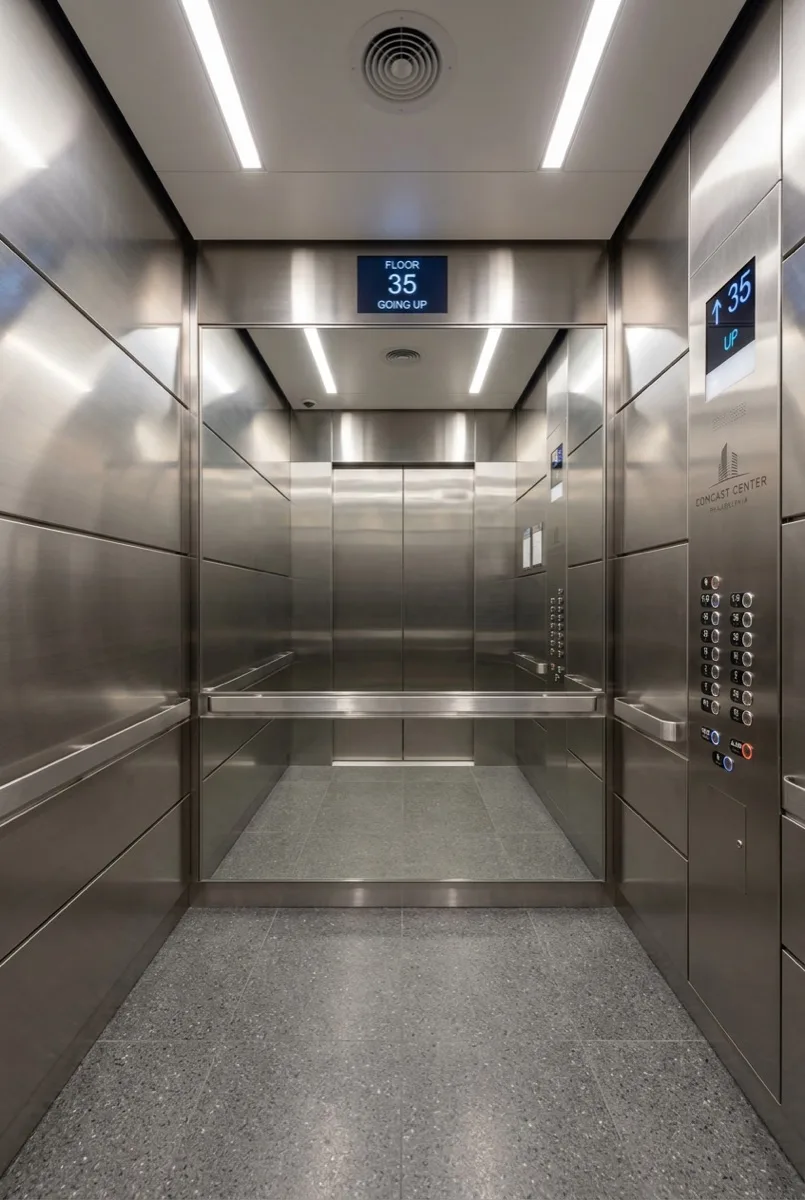Philadelphia elevator interior with anti-graffiti film on stainless steel and mirrors