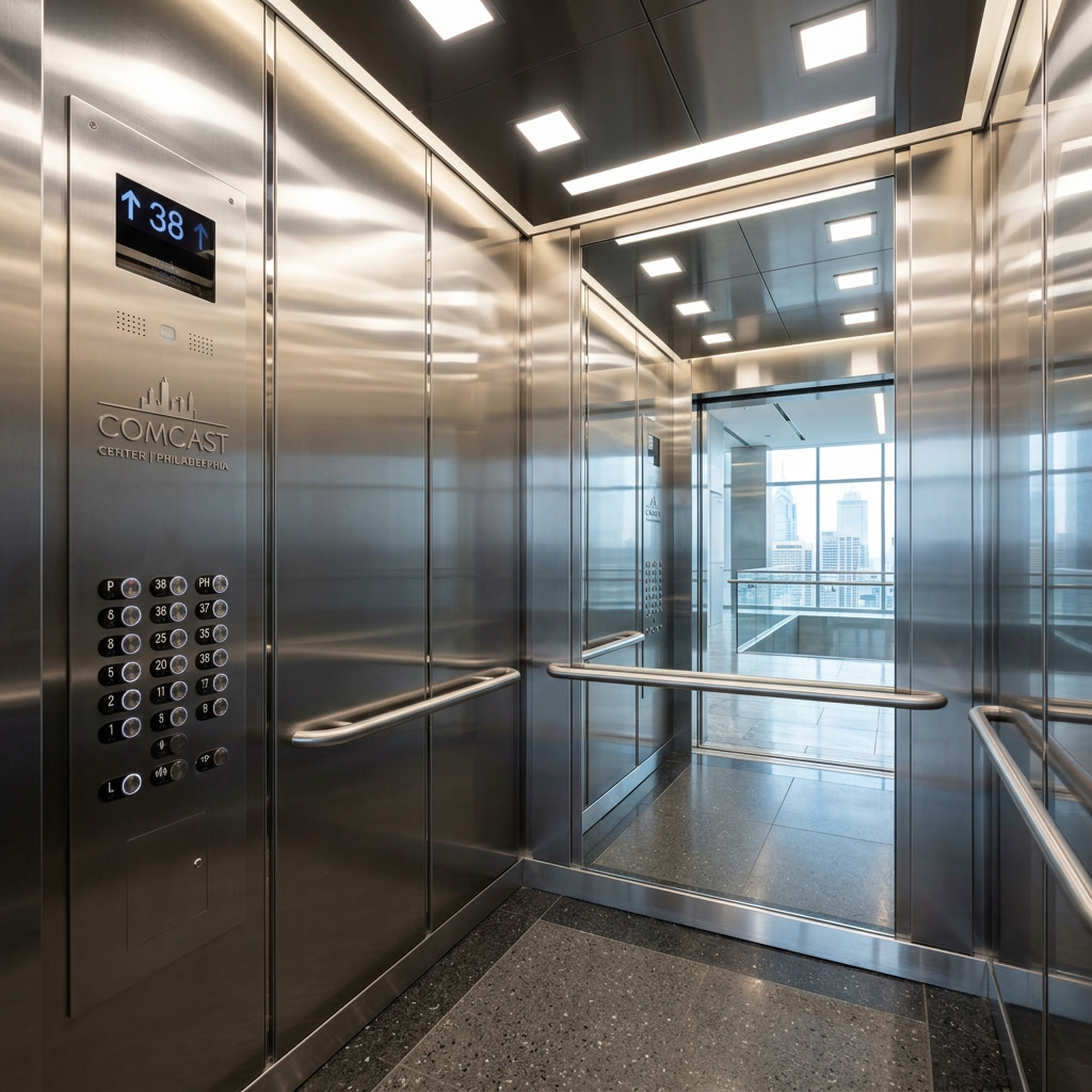 Elevator interior with anti-graffiti film on metal and mirror
