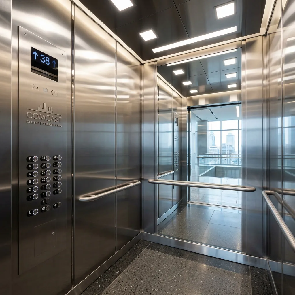 Elevator interior with anti-graffiti film on metal and mirror
