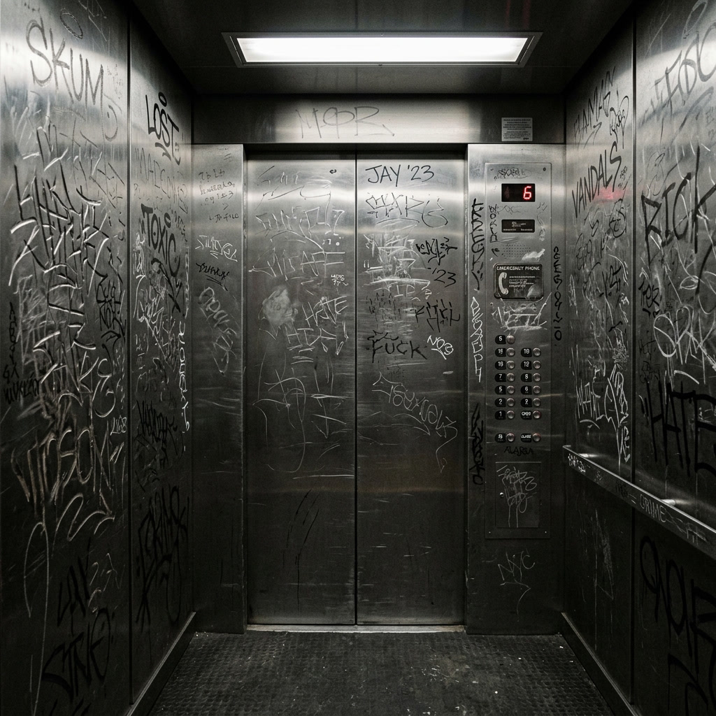 Stainless steel elevator interior with heavy graffiti scratch damage — before Metal Shield film