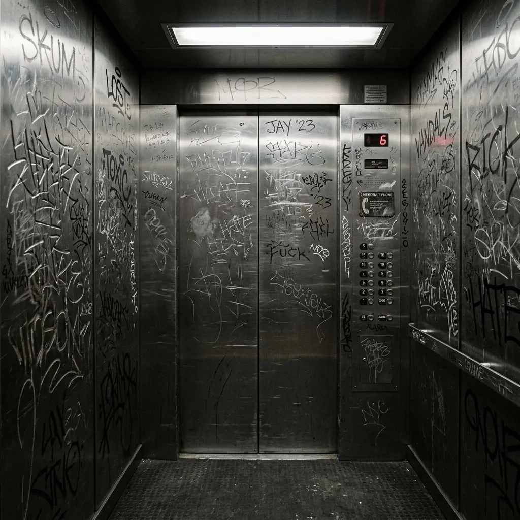 Stainless steel elevator interior with heavy graffiti scratch damage — before Metal Shield film
