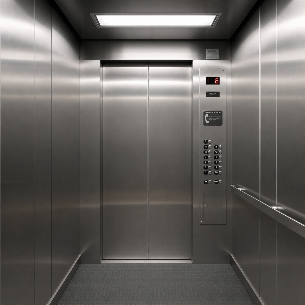 Same stainless steel elevator with Metal Shield film applied — pristine finish restored