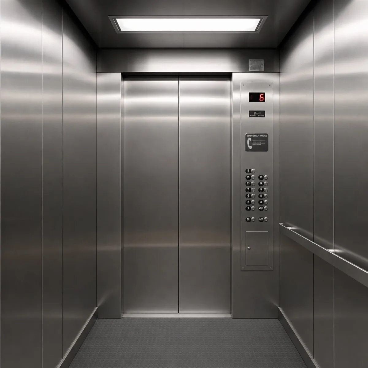 Same stainless steel elevator with Metal Shield film applied — pristine finish restored