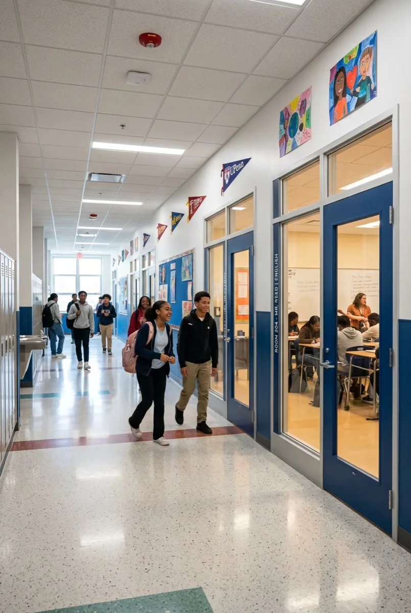 Philadelphia school building with anti-graffiti film on glass doors