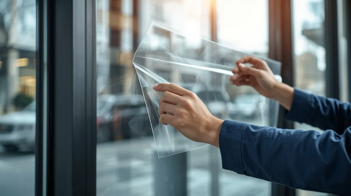 Professional window film installer applying protective film to commercial glass storefront