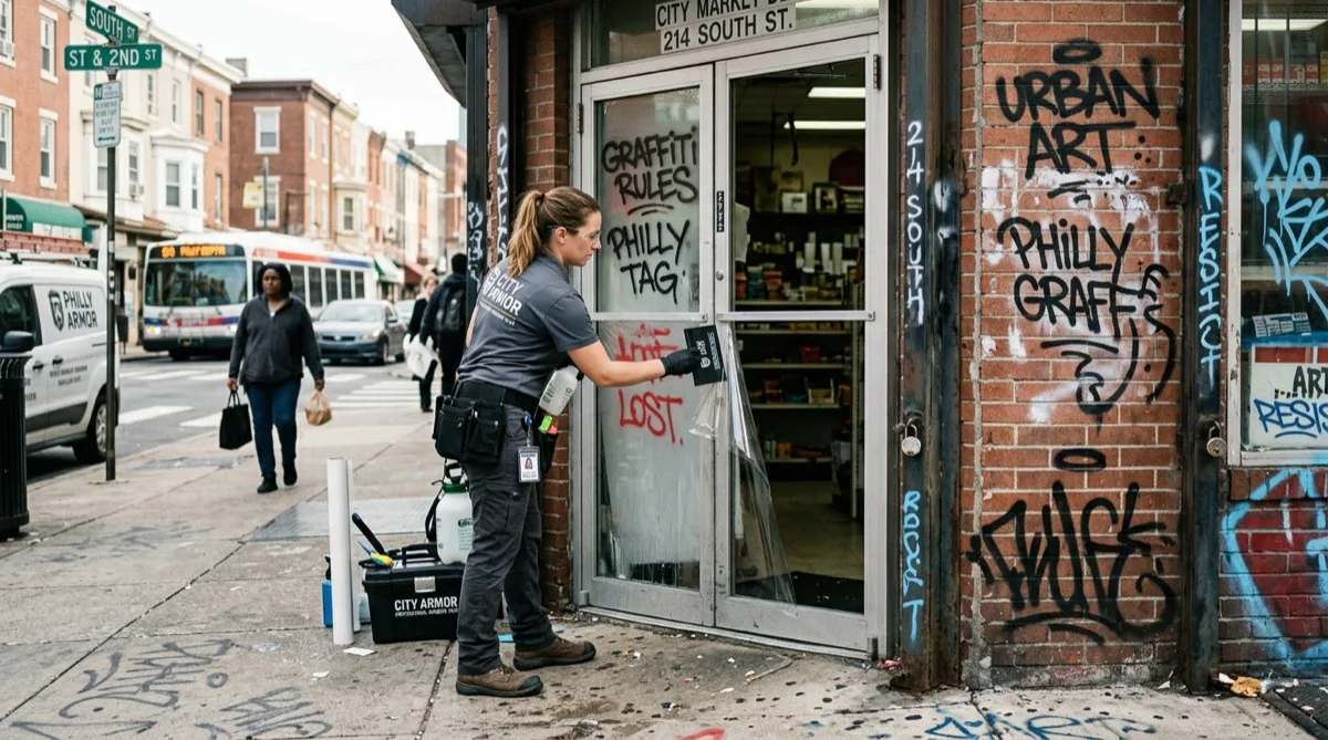 Professional installer applying anti-graffiti window film to Philadelphia commercial storefront glass
