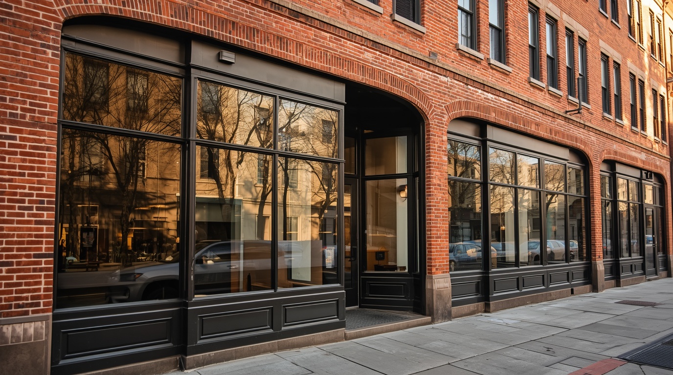 Historic Philadelphia brick storefront with pristine protected glass windows at golden hour