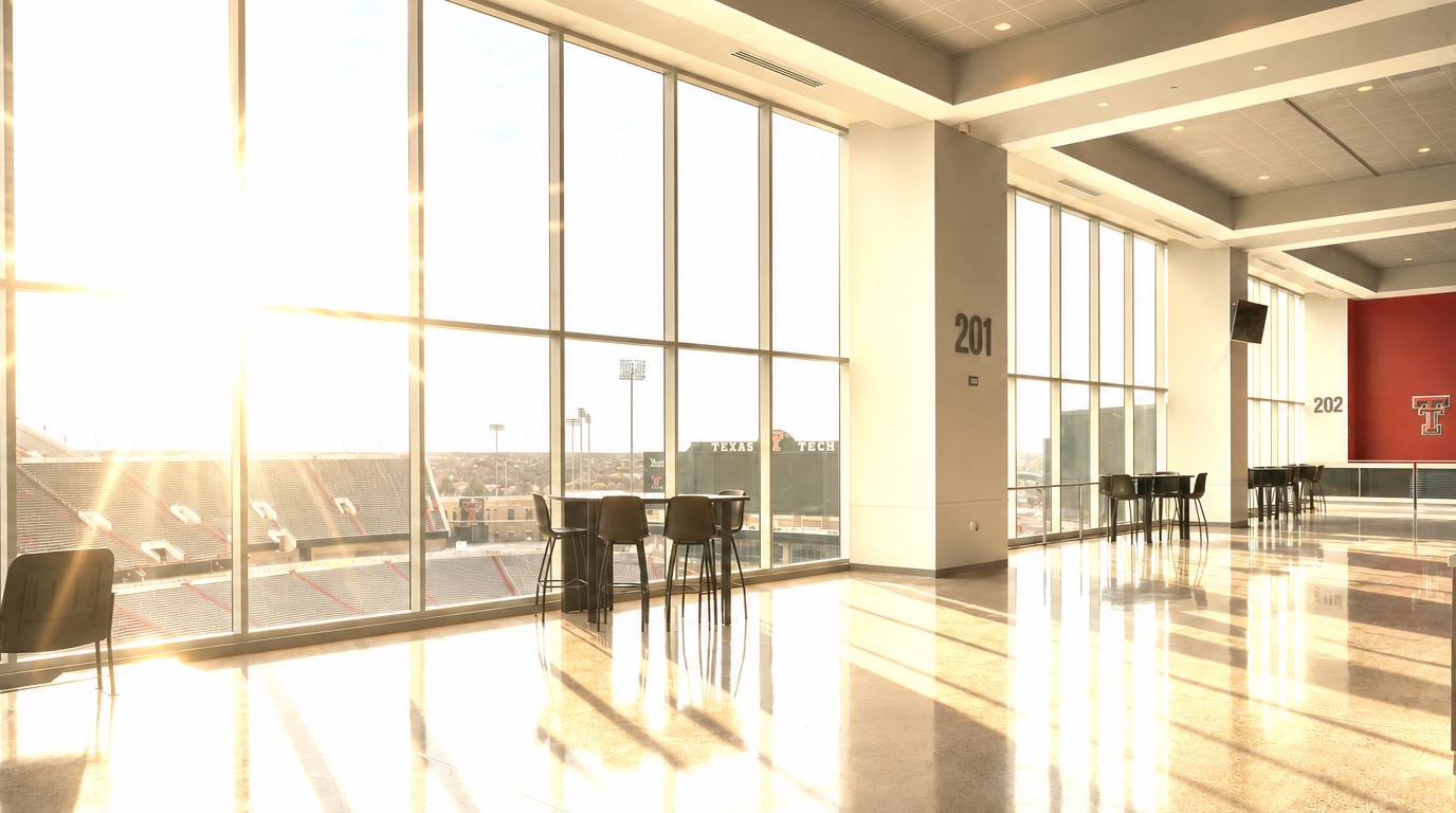 Arena concourse with harsh direct sunlight and glare through untreated glass — uncomfortable, overexposed