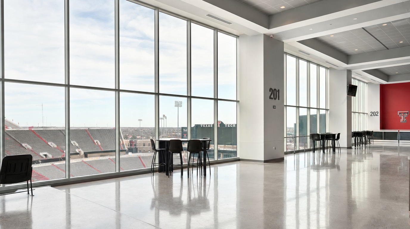 Same type of arena concourse with window film — soft, even, comfortable diffused natural light