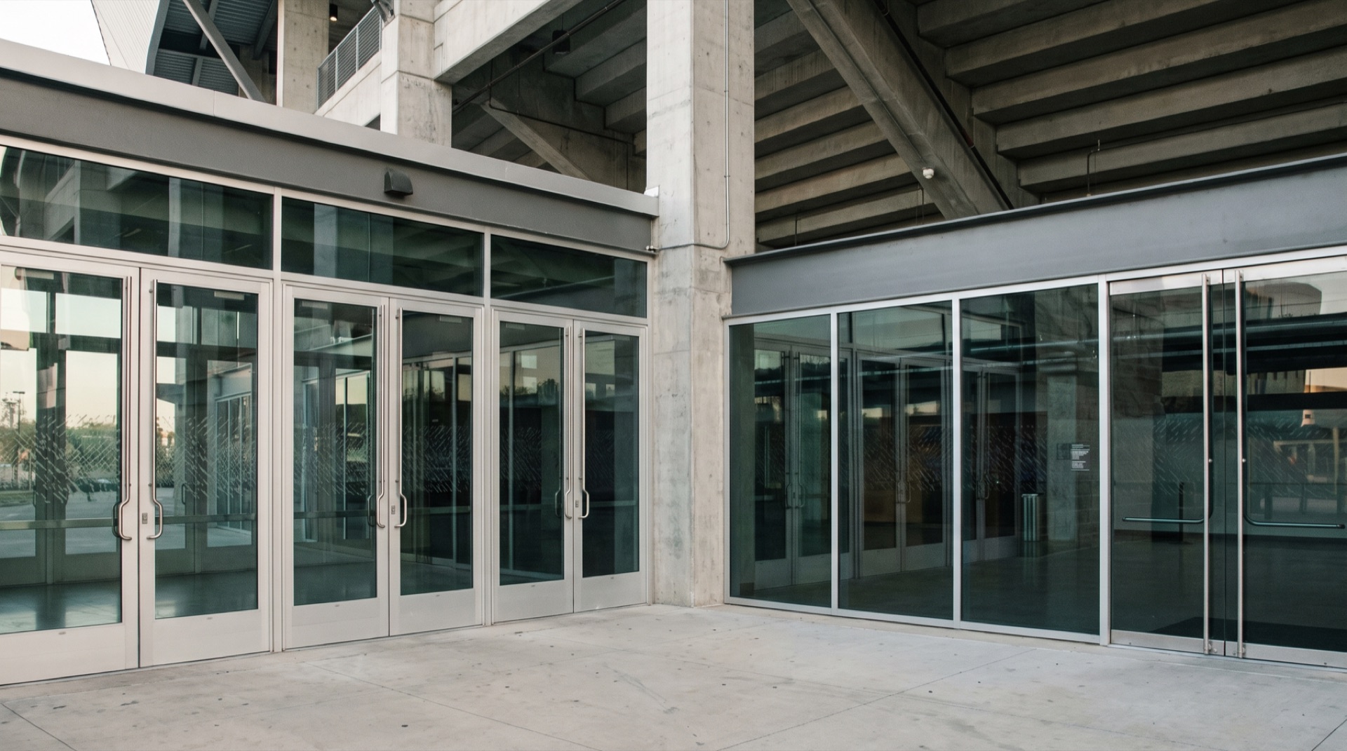 Arena main entrance with security window film on glass doors and partitions