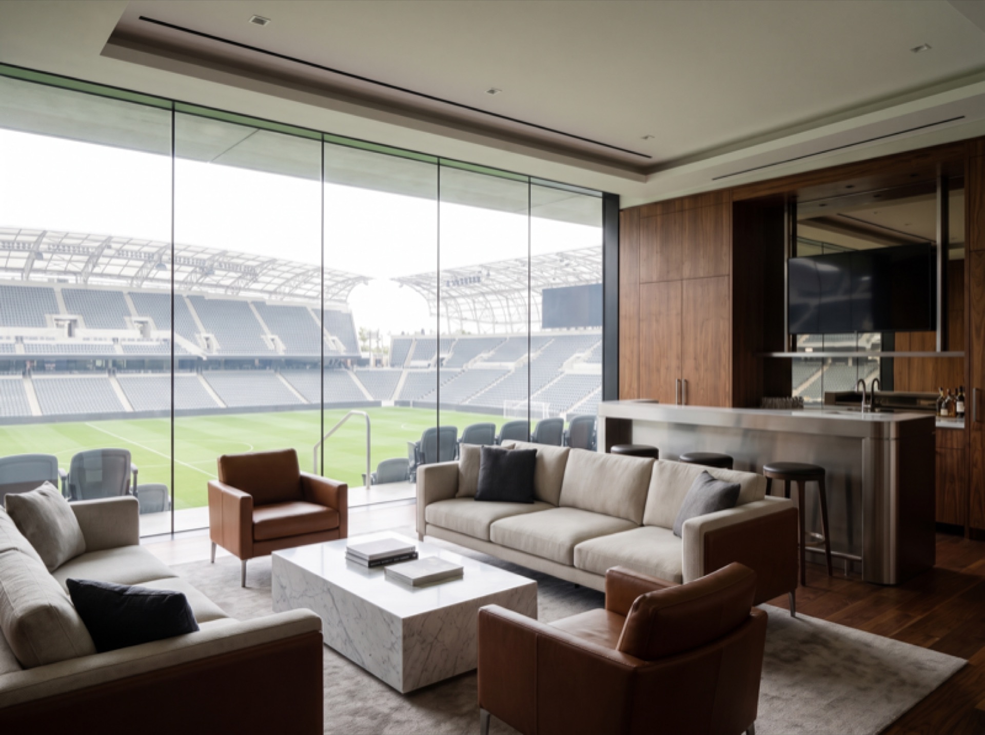 Stadium VIP suite interior with window film — comfortable diffused natural light, no harsh glare