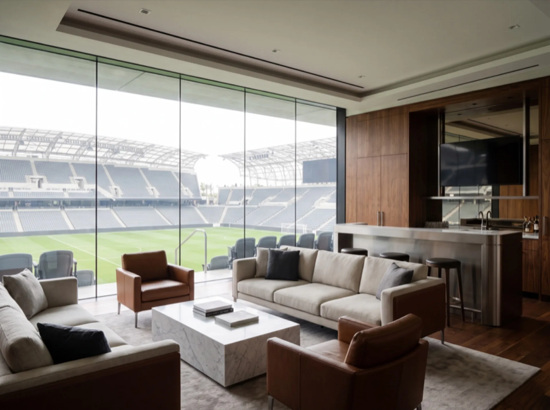 Stadium VIP suite interior with window film — comfortable diffused natural light, no harsh glare