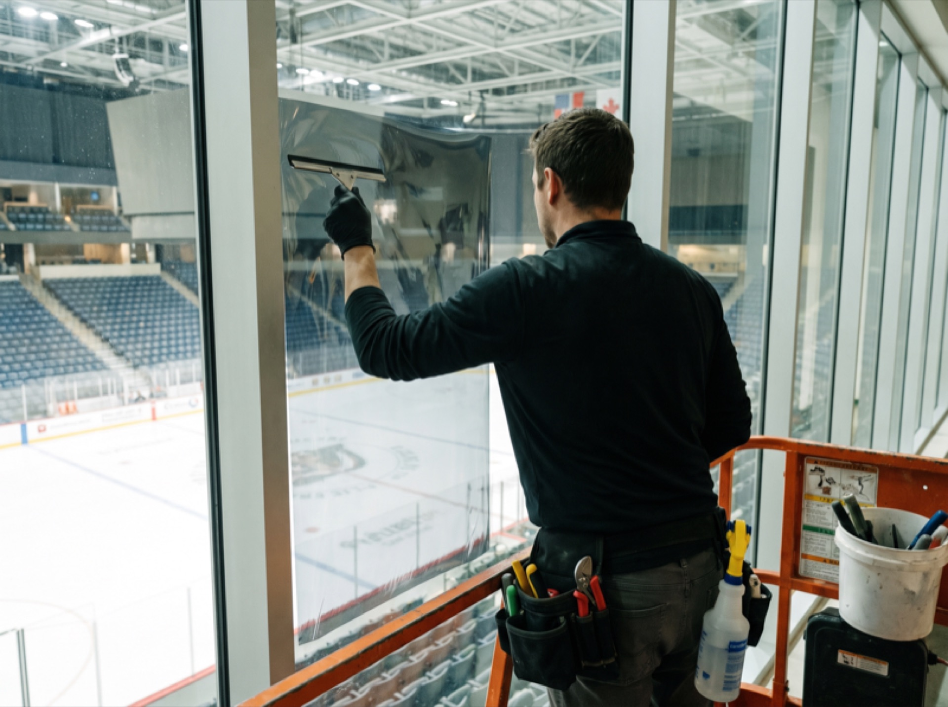 Professional window film installer applying film to a large arena glass window