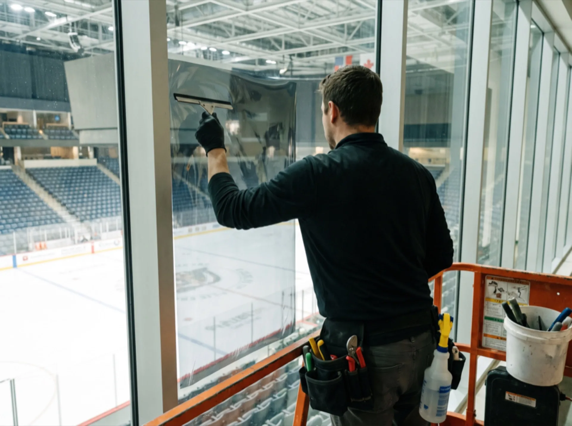 Professional window film installer applying film to a large arena glass window