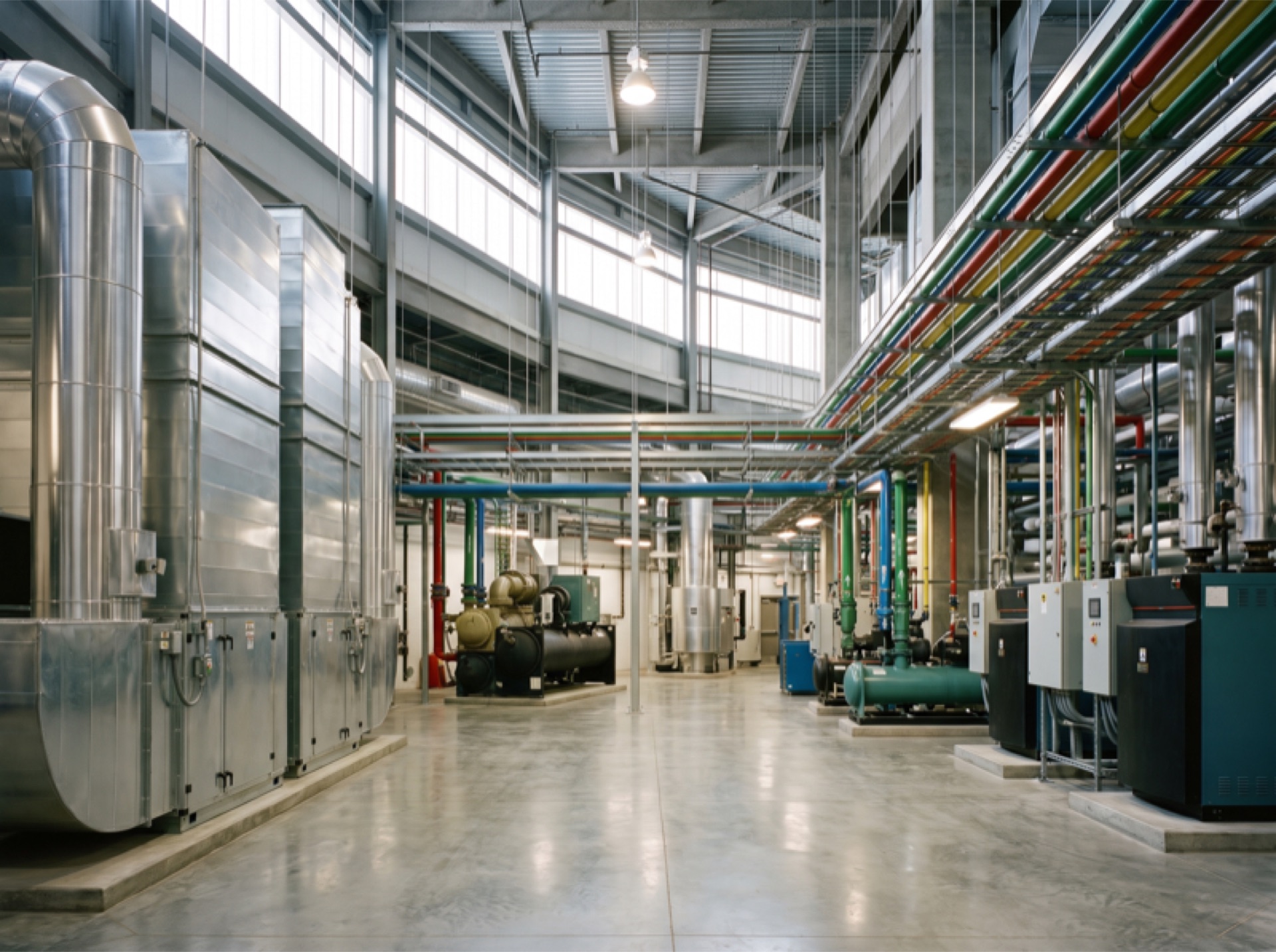 Arena mechanical room with HVAC equipment — modern building systems
