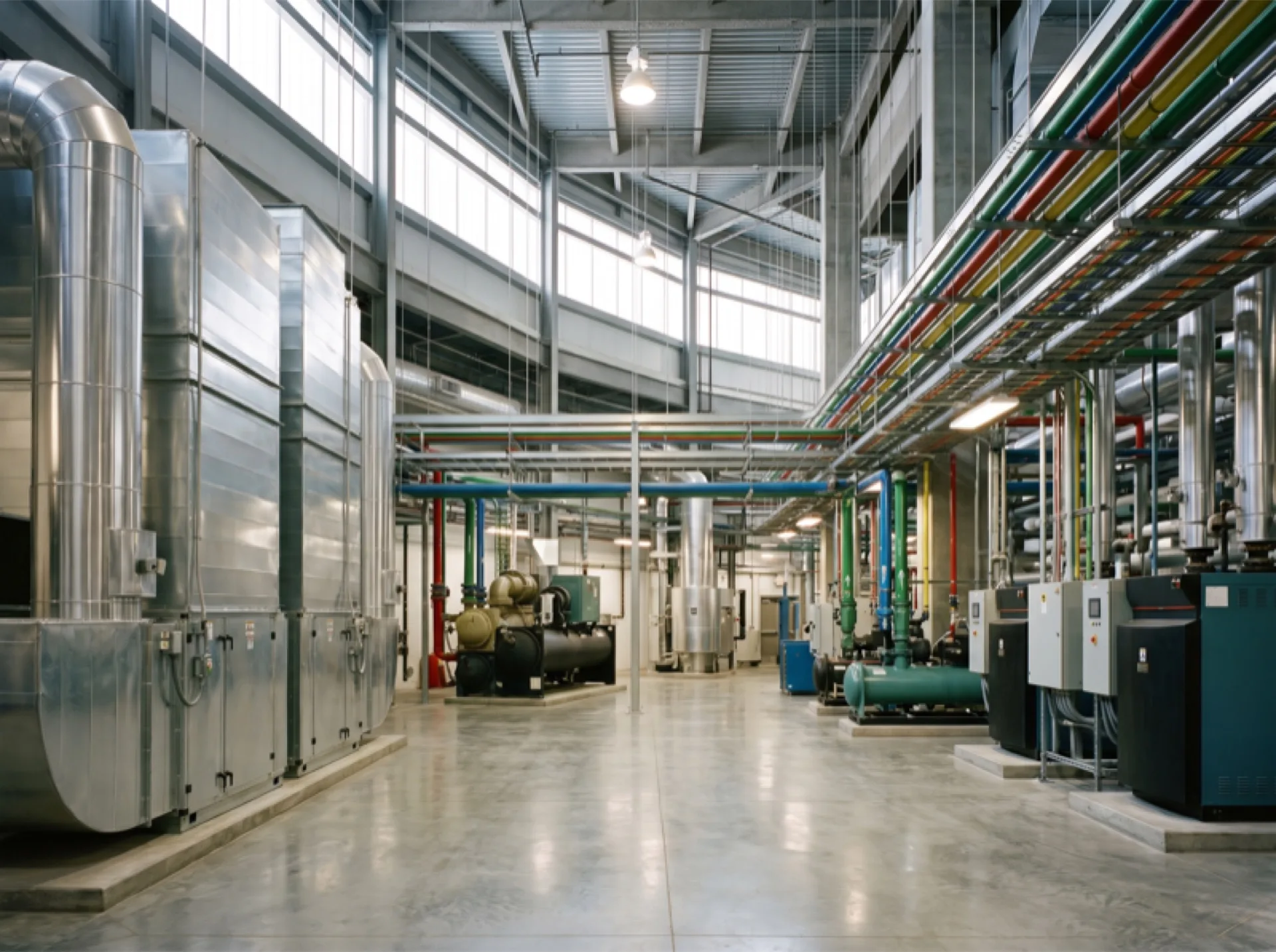Arena mechanical room with HVAC equipment — modern building systems