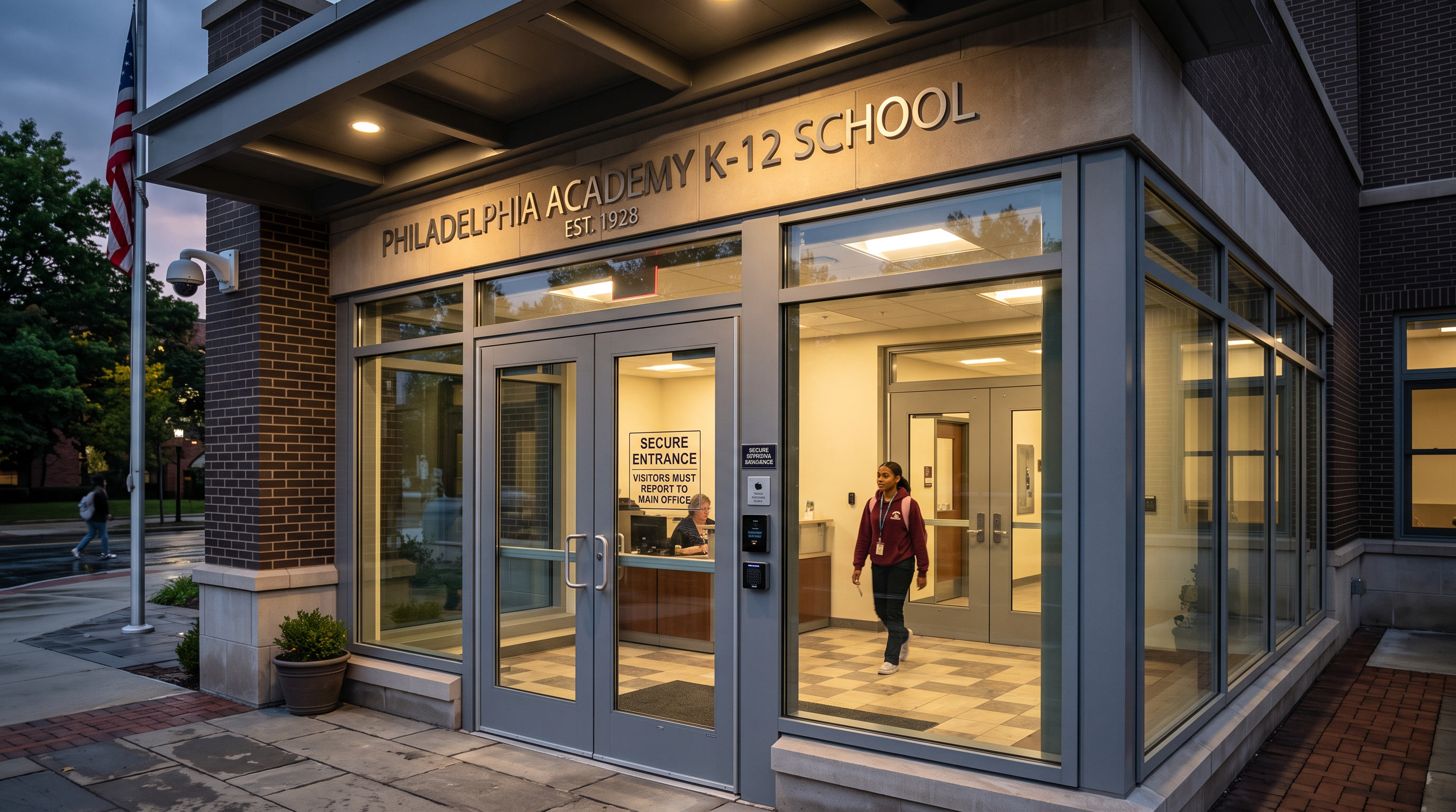 Ballistic resistant window film system on Philadelphia K-12 school entrance glass
