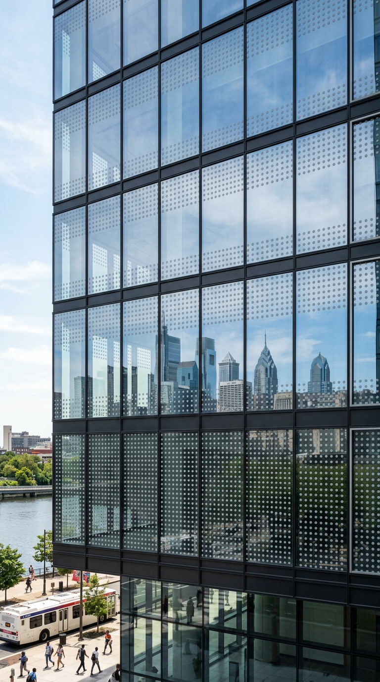 Bird Divert clear UV film installed on Philadelphia retail storefront glass, ground-floor commercial building