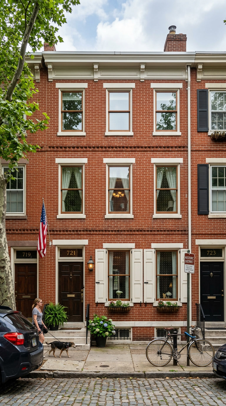 Philadelphia rowhome with Bird Divert residential bird-safe film on front windows, street-level view