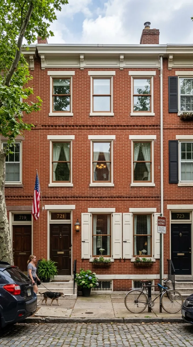 Philadelphia rowhome with Bird Divert residential bird-safe film on front windows, street-level view